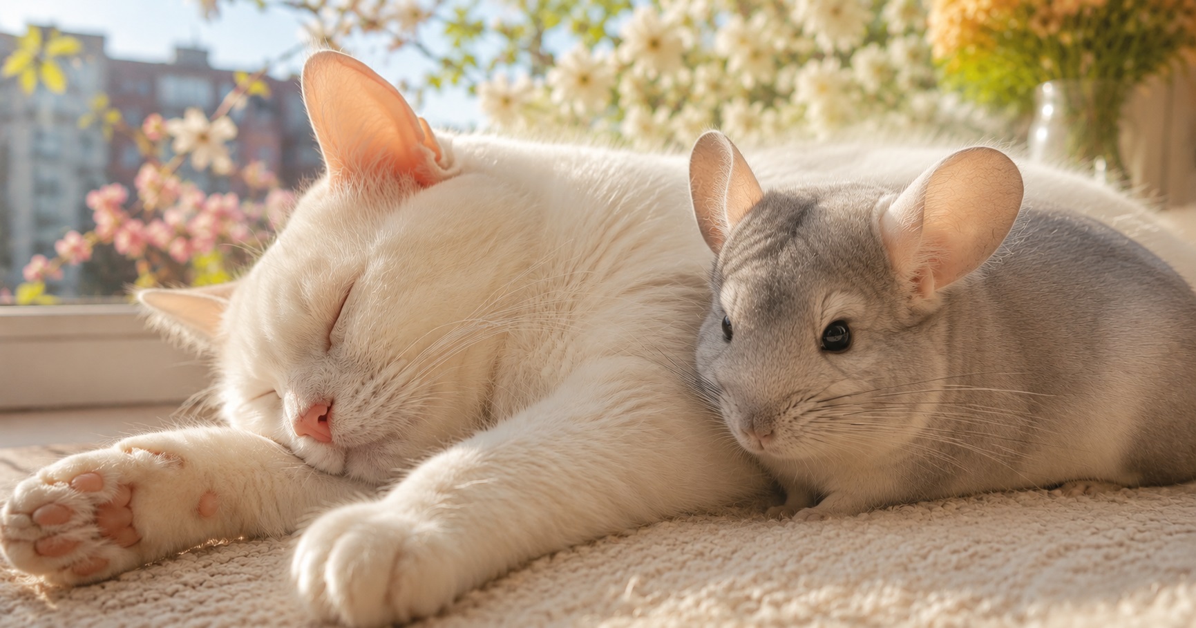 Un chat et un chinchilla allongés ensemble près d'une fenêtre